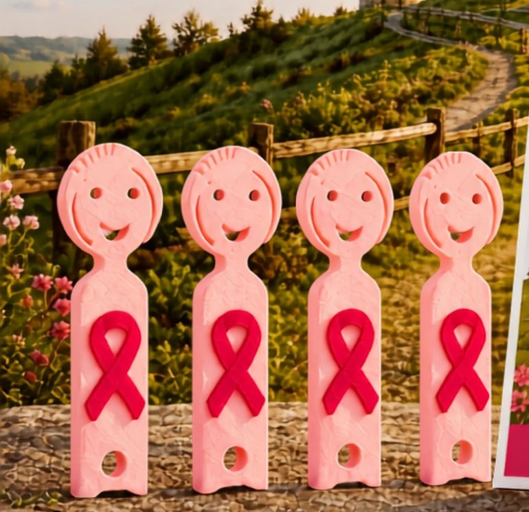 Quatre sifflets roses imprimés en 3D, ornés d'un ruban rose, devant un paysage de moulins